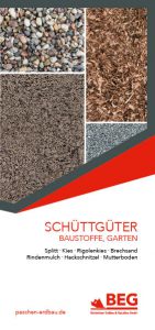Die Titelseite des Flyers Schüttguter-Verkauf mit Anwendungen – Baustoffe, Gartenprodukte zum kostenlosen Download.